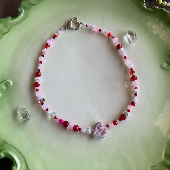 True Love Pink Red & White Beaded Necklace Ceramic Heart Face Pendant Pearl - Picture 6 of 13